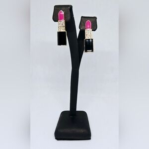 Pink & Black Lipstick Earrings with Rhinestones | Fun Statement Jewelry